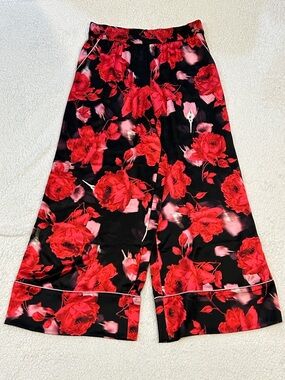 Victoria's Secret Satin Lux Floral Pajama Pants XL Wide Leg Cuff Black Red Pink